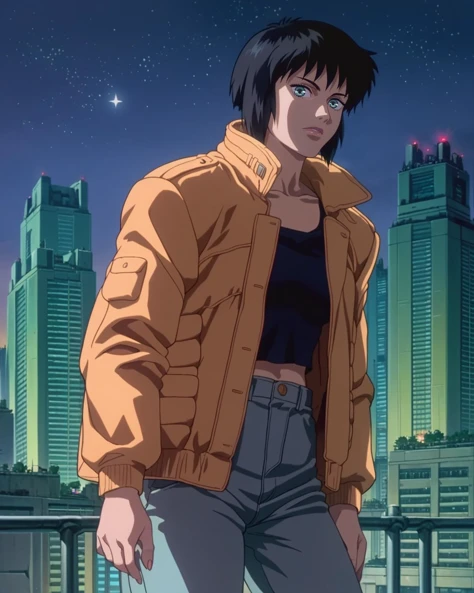 score_9, score_8_up, score_7_up, zPDXL,source_anime, ghostintheshellstyle, retro anime, 1girl, building, outdoors, black hair, cityscape, sky, short hair, scenery, jacket, pants, night, dark, stars, looking at viewer<lora:Ghost_In_The_Shell_style:0.90>