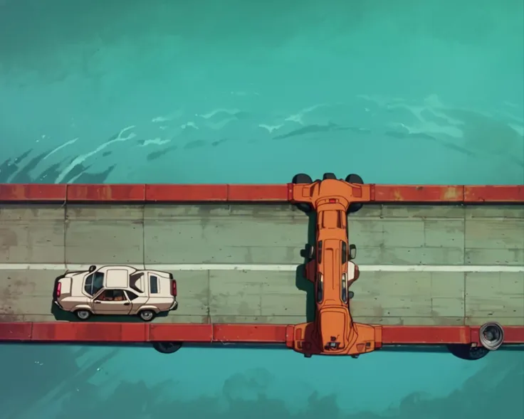 score_9, score_8_up, score_7_up, zPDXL,retro artstyle, <lora:Ghost_In_The_Shell_style:1>ghostintheshellstyle, retro anime, no humans, vehicle focus, motor vehicle, car, shadow, bridge, highway, overhead, water, lake