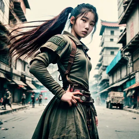 (analog render:0.8), close action shot photo of a rugged korean iuljeV4-1450-1950 cyborg warrior girl (fighting:1.4), (bloody and dirty face:1.3), invasion war in streets, with messy long hair and a dirty fabrics armor and long dress, deciduous, fierce look, highly detailed, epic volumetric lighting, (skin pores:0.9),lens flare, atmosphere, glow, detailed, intricate, full of colour, cinematic lighting, trending on artstation, 4k, hyperrealistic, focused, extreme details, unreal engine 5, cinematic, masterpiece