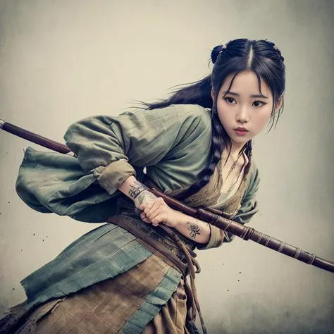 (analog render:1.5), close action shot photo of a rugged korean tattooed  iuljeV4-1450-1950 joseon warrior girl (fighting:1.4) with korean saber in right hand, war in Joseon streets, with messy long hair and a dirty fabrics armor and long dress, deciduous, fierce look, highly detailed, epic volumetric lighting, (skin pores:0.9),lens flare, atmosphere, glow, detailed, intricate, full of colour, cinematic lighting, trending on artstation, 4k, hyperrealistic, focused, extreme details, unreal engine 5, cinematic, masterpiece