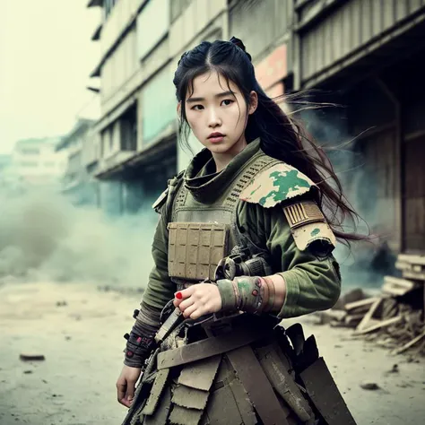 (analog render:0.8), close action shot photo of a rugged korean iuljeV4-1450-1950 cyborg warrior girl (fighting:1.4), (bloody and dirty face:1.3), invasion war in streets, with messy long hair and a dirty fabrics armor and long dress, deciduous, fierce look, highly detailed, epic volumetric lighting, (skin pores:0.9),lens flare, atmosphere, glow, detailed, intricate, full of colour, cinematic lighting, trending on artstation, 4k, hyperrealistic, focused, extreme details, unreal engine 5, cinematic, masterpiece
