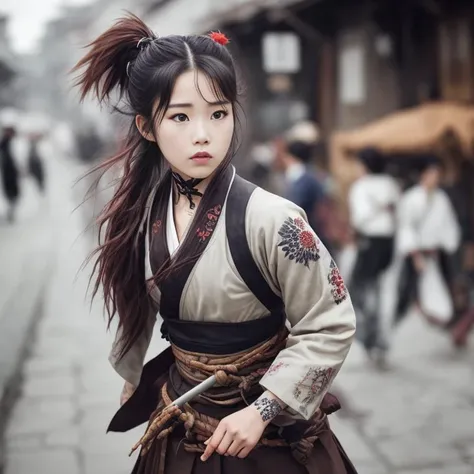 analog render, close action shot photo of a rugged tattooed  iuljeV4-1450-1950 joseon warrior girl (fighting:1.4) with korean saber in front of pedestrians in Joseon streets, with messy long hair and a fabrics armor, deciduous, fierce look, highly detailed, dramatic lighting, (skin pores:0.9)