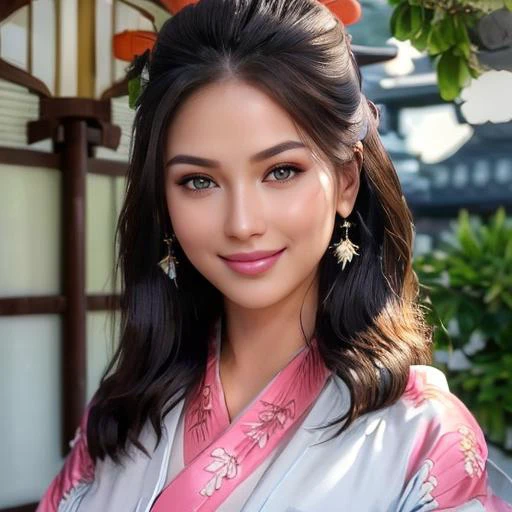 (((a woman in kimono:1.2)))<lora:ValentinaMaiskayaV3Lora:0.8> 1girl, realistic, long hair, brown hair, makeup, smile, high detail skin, high detail eyes, high detail hair, highres, ultra detailed:1.2, detailed pores, imperfect skin:1.2, detailed reflective shiny skin, diffused skin pores,sharpen picture, Highly detailed,masterpiece, best quality,