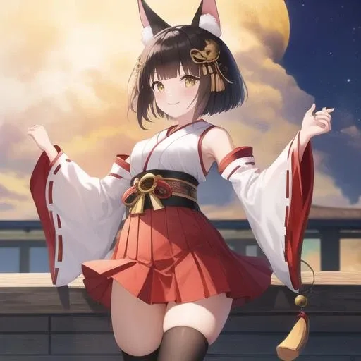 (masterpiece, best quality:1.2),illustration,8k,hd,1girl,solo,cowboy shot,mutsu (azur lane),animal ears,bell,black hair,black thighhighs,yellow eyes,detached sleeves,fox ears,hair ornament,hakama skirt,japanese clothes,jingle bell,kagura suzu,miko,red skirt,shirt,short hair,skirt,smile,white shirt,clog sandals,<lora:Mutsu(azur)>,