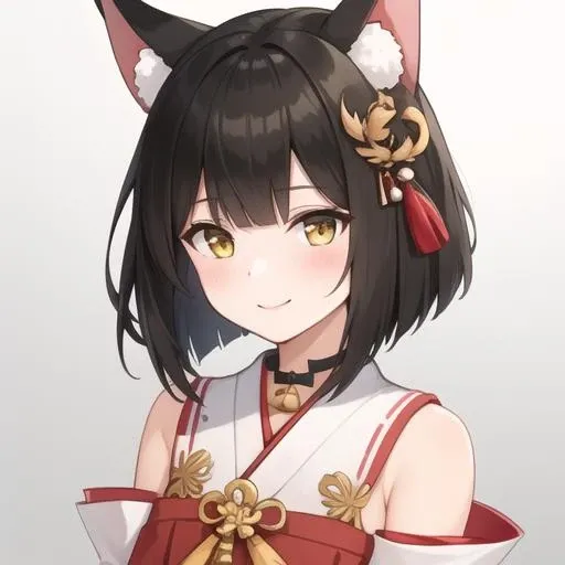 (masterpiece, best quality:1.2),illustration,8k,hd,1girl,solo,upper body,(portrait:1.2),mutsu (azur lane),animal ears,bell,black hair,black thighhighs,yellow eyes,detached sleeves,fox ears,hair ornament,hakama skirt,japanese clothes,jingle bell,kagura suzu,miko,red skirt,shirt,short hair,skirt,smile,white shirt,clog sandals,<lora:Mutsu(azur)>,