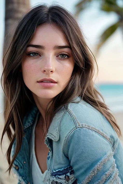 best quality, extra resolution distant short of adorable (AIDA_LoRA_LG2022:1.05) <lora:AIDA_LoRA_LG2022:0.85> in (simple light blue shirt:1.1), [stunning girl], pretty face, self-assurance, cinematic, dramatic, hyper realistic, kkw-ph1, (colorful:1.1), (on the seashore:1.1), sea, sand, sky, (on the beach:1.1), sunlight, outdoors
