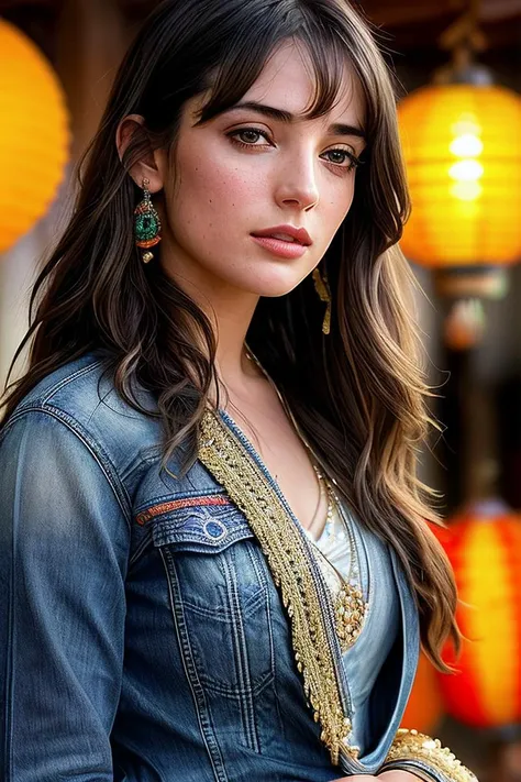 beautiful woman (J3ss1c4R3yn0lds:.99),( Wavy lob with curtain bangs :1.2) , diamond jewellery, ((portrait)), (closeup:1.2), ((from the waist up)), ((( A vibrant Bollywood-style set with colorful fabrics and lanterns :1.2 ))), natural skin texture, (( Twist-front top and jeans :1.2)), 24mm, 4k textures, soft cinematic light, adobe lightroom, photolab, hdr, intricate, elegant, highly detailed, sharp focus, ((((cinematic look)))), soothing tones, insane details, intricate details, hyperdetailed, low contrast, soft cinematic light, exposure blend, hdr, faded, now, ("I've got a bad feeling about this.":1.1)