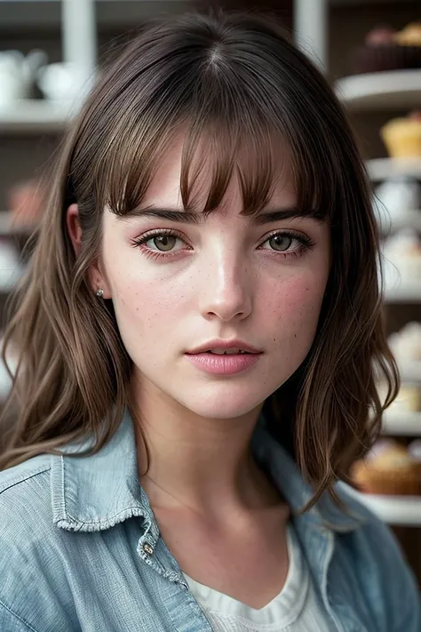 beautiful woman (J3ss1c4R3yn0lds:.99),( Soft, wispy bangs :1.2) , diamond jewellery, ((portrait)), (closeup:1.2), ((from the waist up)), ((( A classic, vintage London tea shop with china and cakes :1.2 ))), natural skin texture, (( Chambray shirt and white jeans :1.2)), 24mm, 4k textures, soft cinematic light, adobe lightroom, photolab, hdr, intricate, elegant, highly detailed, sharp focus, ((((cinematic look)))), soothing tones, insane details, intricate details, hyperdetailed, low contrast, soft cinematic light, exposure blend, hdr, faded, now, ("I've got a bad feeling about this.":1.1)