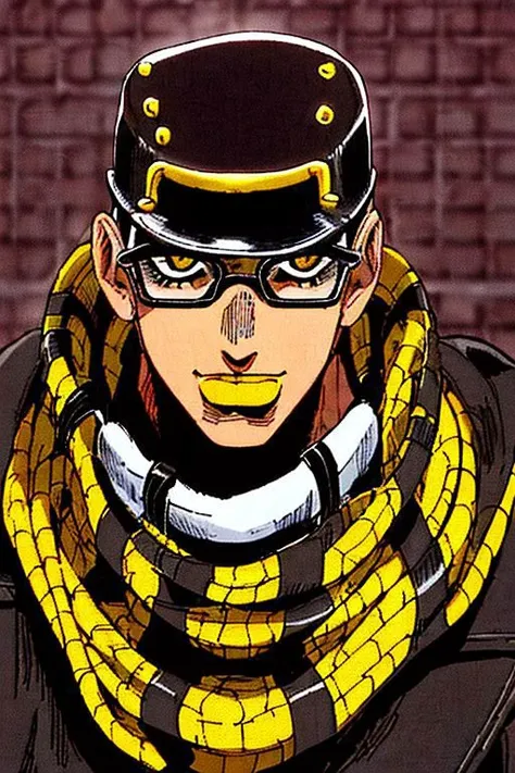 StoneOcean, solo, 1boy, male focus, thin round glasses, black curly short hair, deep of field, portrait, light smile, man wearing brown dark jacket with gold ornement and a white scarf and a white cap, stand pose, jojo pose