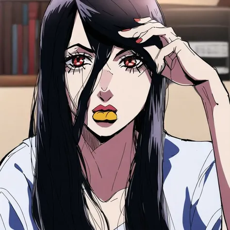 ((masterpiece)),(best quality), absurdres,sadako_yamamura,red eyes, white dress,black hair,<lora:Sadakobest:0.8>,stoneocean, portrait,