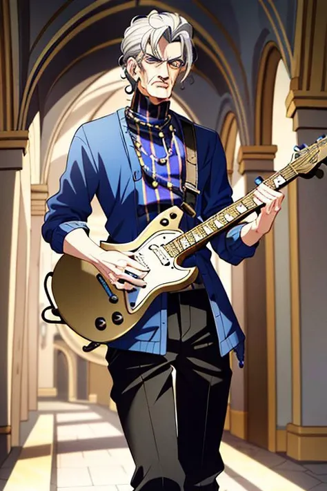 stoneocean,
((masterpiece, intricate details, ultra-detailed, absurdres, best quality)),
(The Twelfth Doctor), as portrayed by (Peter Capaldi), with (grey hair) and (blue eyes) with (unruly eyebrows). He is wearing a (dark blue Crombie coat) over a (white t-shirt). He is wearing (black trousers) and (black lace-up shoes).
He is (playing guitar) in a (medieval castle).