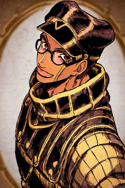 StoneOcean, solo, 1boy, male focus, thin round glasses, black curly short hair, deep of field, portrait, light smile, man wearing brown dark jacket with gold ornement and a white scarf and a white cap, stand pose, jojo pose