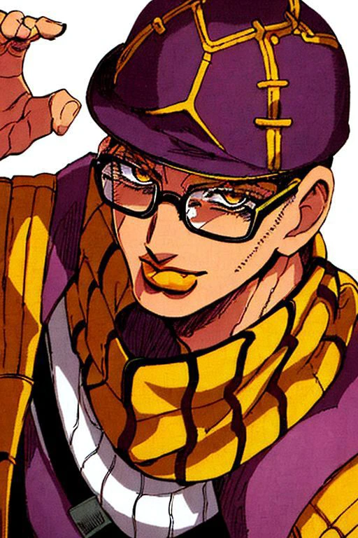 StoneOcean, solo, 1boy, male focus, thin round glasses, black curly short hair, deep of field, portrait, light smile, man wearing brown dark jacket with gold ornement and a white scarf and a white cap, stand pose, jojo pose