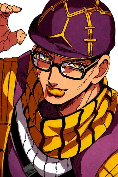 StoneOcean, solo, 1boy, male focus, thin round glasses, black curly short hair, deep of field, portrait, light smile, man wearing brown dark jacket with gold ornement and a white scarf and a white cap, stand pose, jojo pose