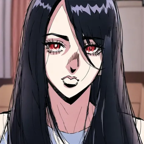 ((masterpiece)),(best quality), absurdres,sadako_yamamura,red eyes, white dress,black hair,<lora:Sadakobest:0.8>,stoneocean, portrait,