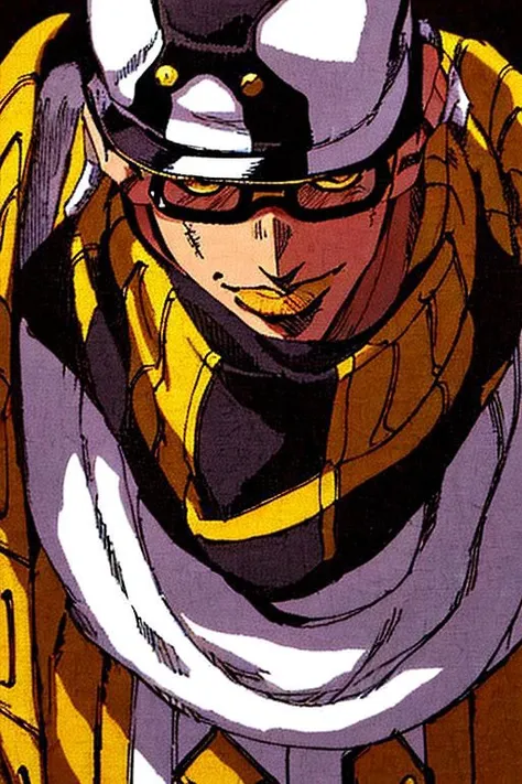 StoneOcean, solo, 1boy, male focus, thin round glasses, black curly short hair, deep of field, portrait, light smile, man wearing brown dark jacket with gold ornement and a white scarf and a white cap, stand pose, jojo pose