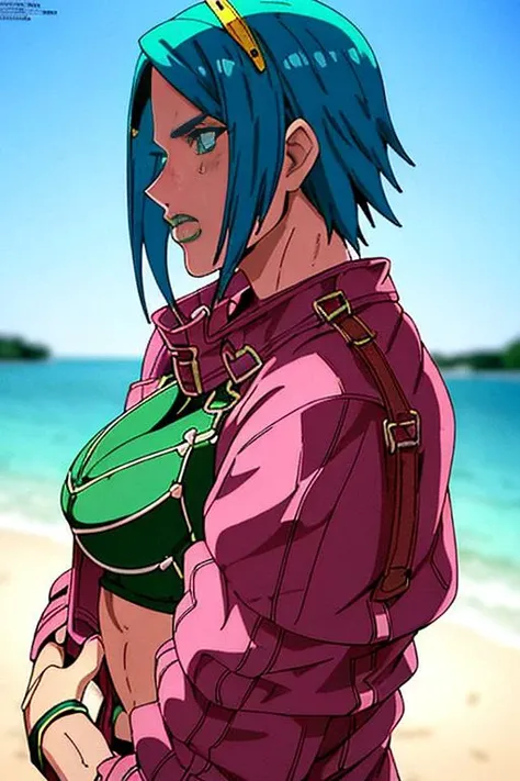 (StoneOcean, bright colored eyes, colored hair, solo, bright colored lipstick)+++, NSFW, official art, cinematic lighting, 4k , thick lines, trending on artstation, sunlit, beautiful lighting, maxim magazine, elegant, sharp focus, high quality, highly detailed, mature, nsfw, 16k, sharp focus, volumetric lighting, sublime comforting intriuging ambience, beautiful face, rule of thirds, cinematic lighting, melancholy atmosphere, sharp focus, backlit, stunning, smooth, hard focus, full body shot, skinny, visible ribs, harness, metalic chocker, (collar)+++, agressive, jagged hairline, stockings, background tropical seaside with sand, detailed background, wristband, abs, jacket, covered shoulders, sideview, pussy, cameltoe, holding melee weapon