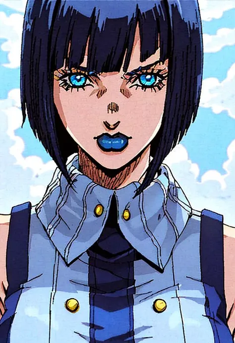 StoneOcean, 1girl, blue eyes, black hair, solo, blue lipstick, middle length hair, bob cut