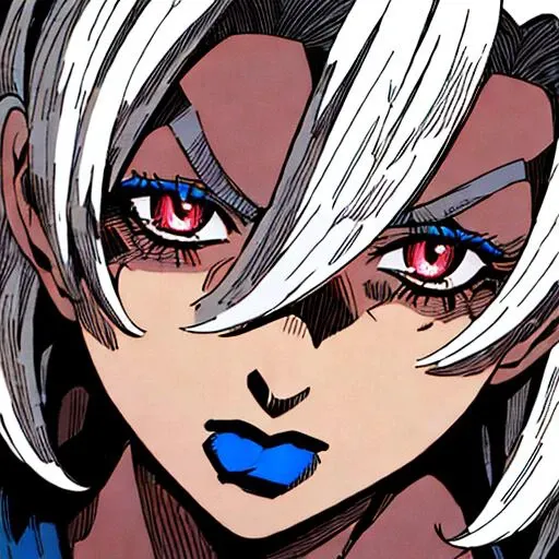 StoneOcean, masterpiece, high quality, detailed, chiaroscuro, bold black lines, wow, 1 girl, blue lips, red eyes