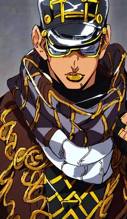 StoneOcean, solo, 1boy, male focus, thin round glasses, black curly short hair, deep of field, portrait, light smile, man wearing brown dark jacket with gold ornement and a white scarf and a white cap, stand pose, jojo pose