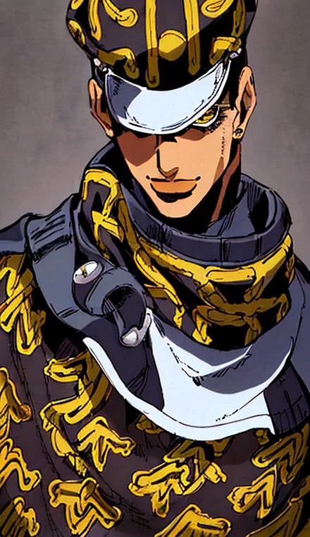 StoneOcean, solo, 1boy, male focus, thin round glasses, black curly short hair, deep of field, portrait, light smile, man wearing brown dark jacket with gold ornement and a white scarf and a white cap, stand pose, jojo pose