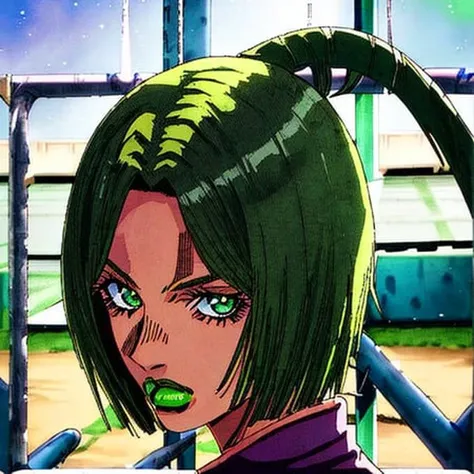 StoneOcean, 1girl, lime green eyes, brown hair, solo, green lipstick, middle length hair,