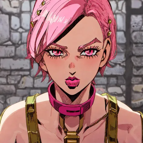 StoneOcean, 1girl, red eyes, pink hair, solo, pink lipstick, middle length hair, sexy face, collar bone, straps,