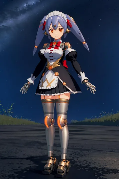 <lora:hanajkV1:0.8>,hanajkmaid,1girl,robot joints,robot,robot spikes ears,blue high twintails,long hair,purple hair,blue hair,whihte maid headdress,red long hair ribbon,orange eyes,game3d style||red bowtie,large breasts,long juliet sleeves,white maid apron black short dress,white thighhighs with gold trim,oragnge garter straps,outdoors,panties,smile,full body,, Exquisite visuals, high-definition,masterpiece,best quality,Exquisite visuals,high-definition,masterpiece,best quality,18yo,Young female,Beautiful Fingers,Beautiful long legs,Beautiful body,Beautiful character design,