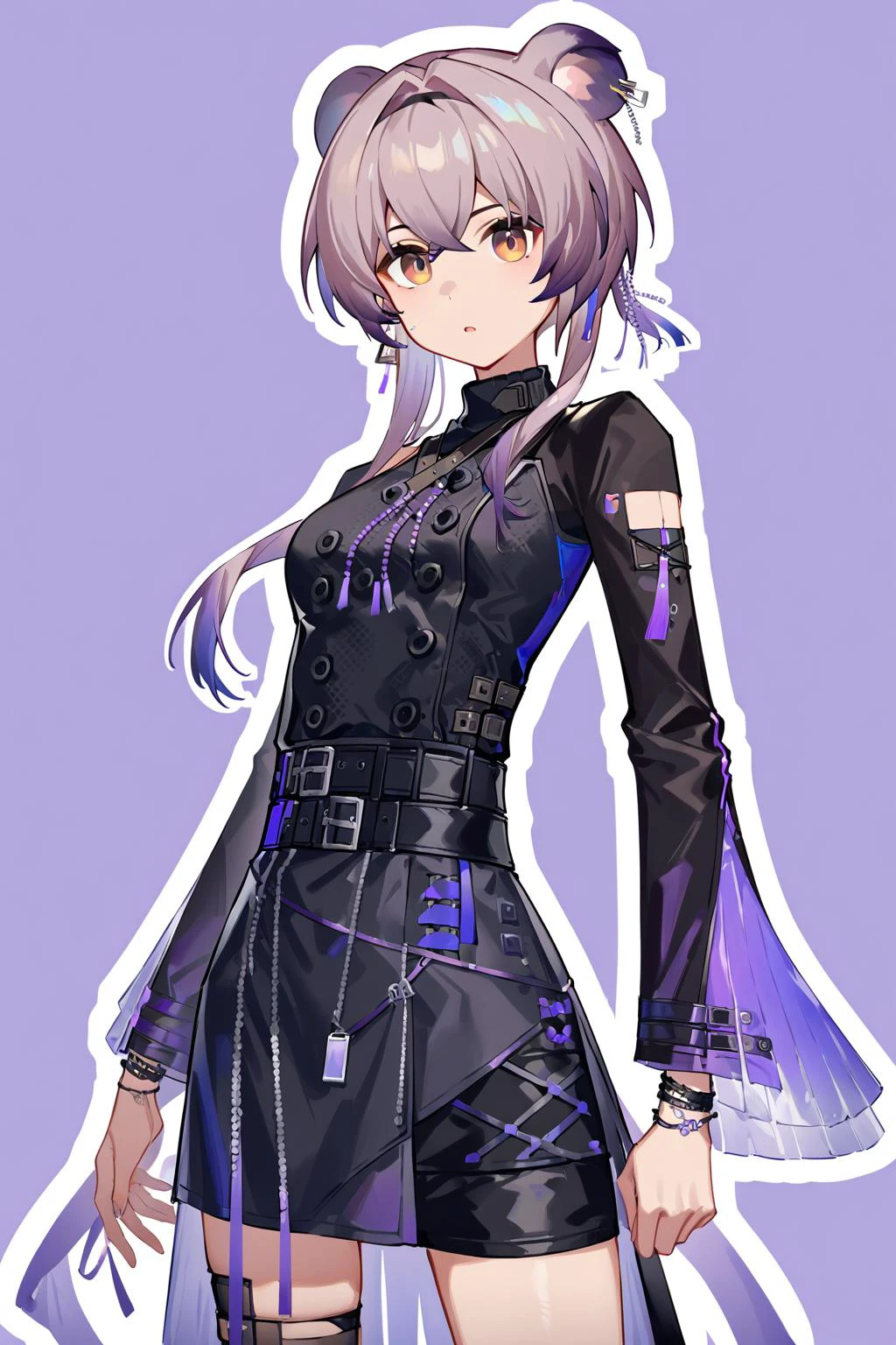 cowboy shot,
<lora:Autodl1956:0.8>,white outline,purple background,halftone,
1girl,<lora:æé¨é:0.8>,lin,arknights,lin_arknghits,Purple hair, earrings,
white background,masterpiece,best quality,very aesthetic,absurdres,