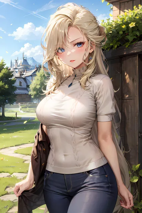 (masterpiece:1.2, best quality), (finely detailed beautiful eyes: 1.2), (extremely detailed CG unity 8k wallpaper, masterpiece, best quality, ultra-detailed), signora \\(genshin impact\\) , large breasts, long hair, mature female, sweater, shirt ,pants, casual clothes, short sleeves, High contrast, (best illumination, an extremely delicate and beautiful),1girl,(simple backround, grass hill outdoors, front on), looking at viewer,beautiful detailed glow, (beautiful detailed face, beautiful detailed eyes)