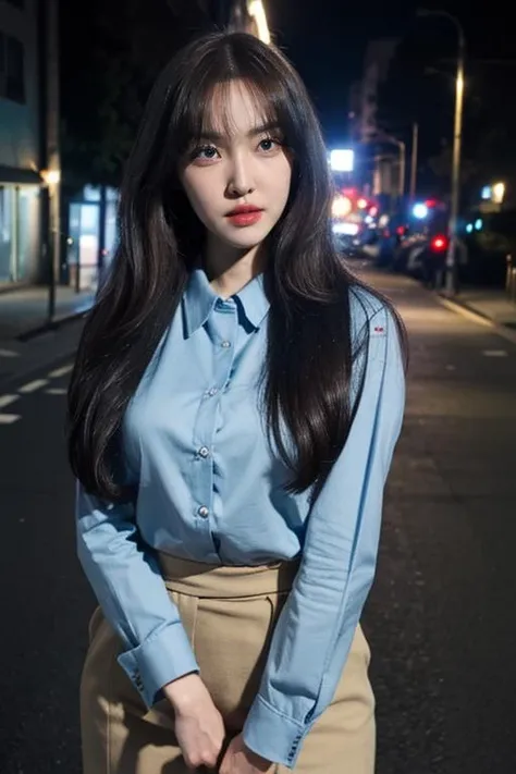ujifilm XT3, 8k,close up photo, masterpiece, best quality, (((1girl))), solo,realistic, ((looking at viewer)), photorealistic, (extremely detailed face), looking at viewer, ((ultra-detailed eyes and pupils)), ultra detailed, serious expression, ((standing city street at night)), (suit shirts), Suit skirt, (arms behind back), <lora:yujulorashy:1>