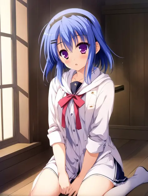 1girl, saotome suguri, white shirt, wariza, blue hair, purple eyes, hair band <lora:saotome_suguri_2:1>