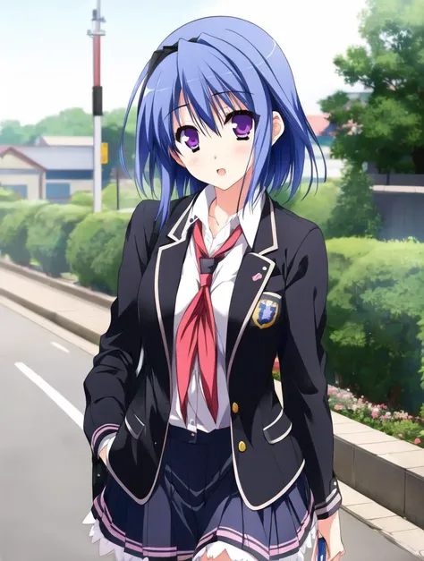 1girl, saotome suguri, blue hair, purple eyes, school uniform, black jacket, walking down the street <lora:saotome_suguri_2:0.9>