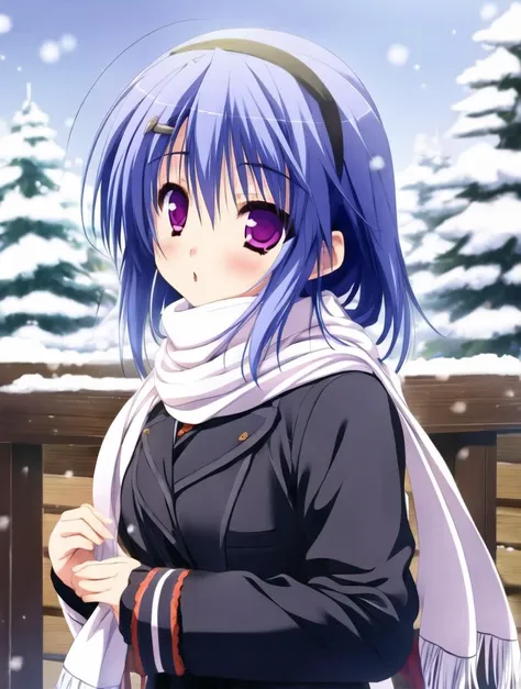 1girl, saotome suguri, sweater, scarf, snow, blue hair, purple eyes, hair band <lora:saotome_suguri_2:1>