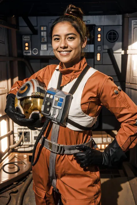 woman in rebel pilot suit,wearing helmet,saluting,in military quarters, masterpiece,intricate details,smiling,blond long hair<lora:RPSV3:0.8>