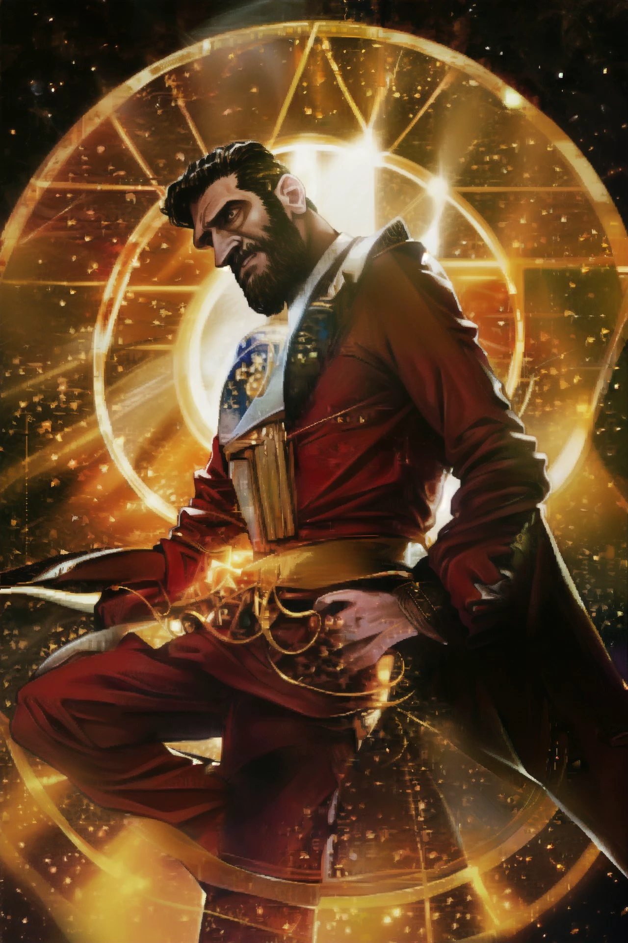 (Fares Fares:1.2) man with a (slicked-back hair:1.3) wearing a rebel pilot suit, inside a cockpit with one big wide panel (curved oval windows:1.2) showing the dark space, bright stars, (full:1.2) (long squarish:1.2) big (beard:1.2), devilish (confident looking down:1.2), (a circle of golden magic filament thread of light:1.3) is around his body, 4k uhd, dslr, soft light, high quality, Fujifilm XT3 <lora:RPSV3:0.88> <lora:Fares_FaresSD15:0.68> <lora:epiNoiseoffset_v2:1.0>