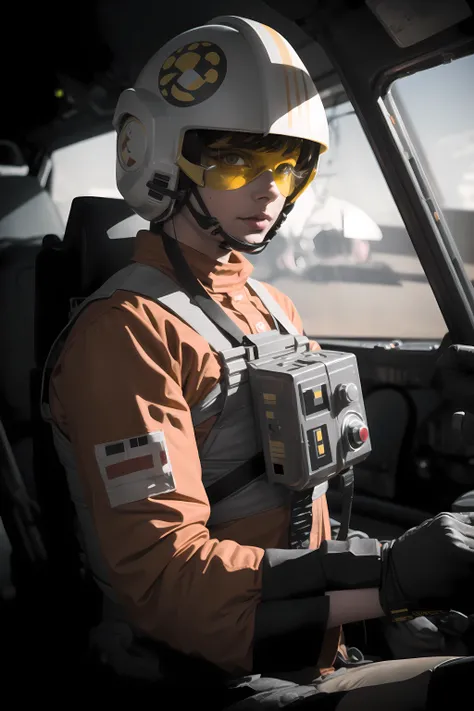 <lora:starWarsRebelPilotSuit_v02:0.7> in rebel pilot suit, cockpit view, with helmet on, googles on