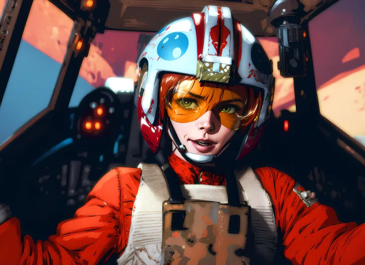there is a woman in a helmet driving a car with a bunch of guns, 8k stunning artwork, madmax, jessica nigri face!!, movie screenshot from star wars, rollercoaster, rankin, by Loic Zimmerman, hyper cute, widescreen, jet fighters, 1960s technicolor, voge photo, motion graphics, speeder, gulf --ar 16:9 --auto --s2