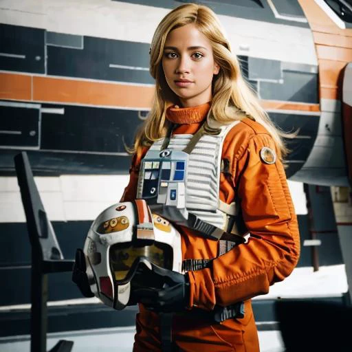 blond woman in rebel pilot suit <lora:rebelpilotsuit:1>  in airforce hangar next to a x-wing,very long hair, RAW photo, 8k uhd, dslr, soft lighting, high quality, film grain, Fujifilm XT3