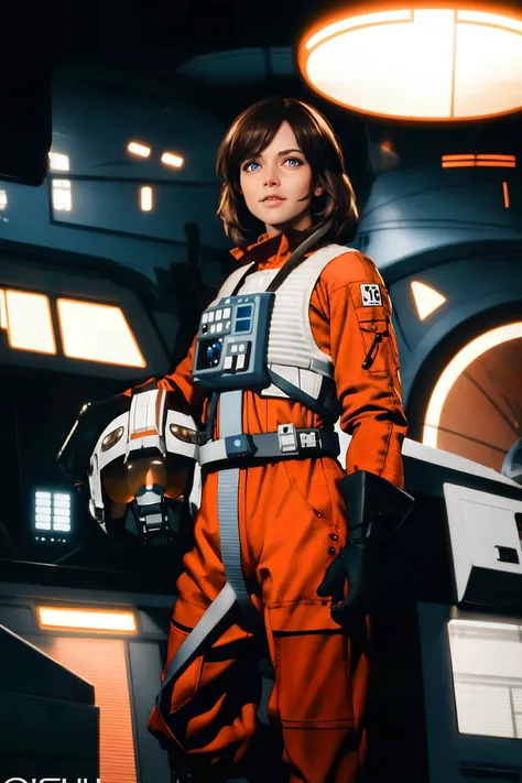 a beautiful woman standing dressed in rebel pilot suit, blue eyes, brown hair, standing in front of x-wing, highly detailed,photorealistic, photo, masterpiece, realistic, realism, photorealism, high contrast, photorealistic digital art trending on Artstation 8k HD high definition detailed realistic, detailed, skin texture, hyper detailed, realistic skin texture, armature, best quality, ultra high res, (photorealistic:1.4),high resolution, detailed, raw photo, sharp re, by lee jeffries nikon d850 film stock photograph 4 kodak portra 400 camera f1.6 lens rich colors hyper realistic lifelike texture dramatic lighting unrealengine trending on artstation cinestill 800, <lora:starWarsRebelPilot_v01:1>