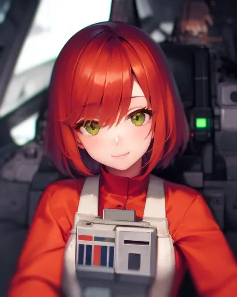 (masterpiece), (best quality), <lora:SakuraVRC:0.6> SakuraVRC, 1girl, solo, short hair, red hair, green eyes, smile, closed mouth, in rebel pilot suit, cockpit view, <lora:starWarsRebelPilotSuit_v02:1>
