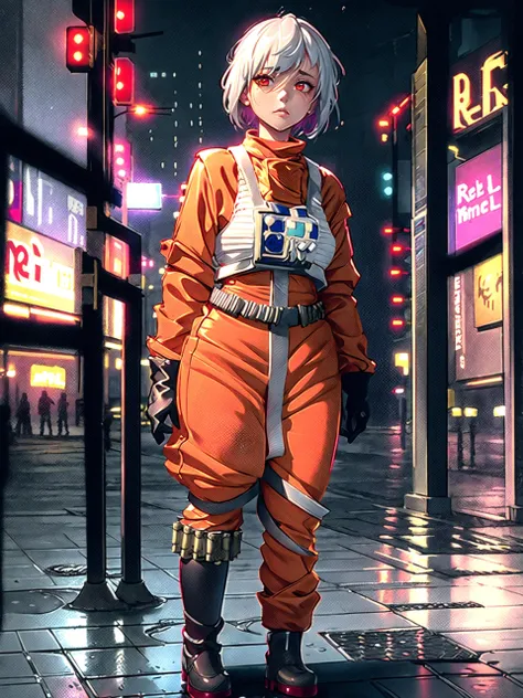 1girl in (rebel pilot suit:1.38), girl, white Hair, glowing red eyes, looking up at the sky, standing on the sidewalk in the rain, somber expression, dramatic pose, wet, ground wet, colorful lights, sidewalk, city night lights, heavy rain, expressionless<lora:RPSV3:0.8>