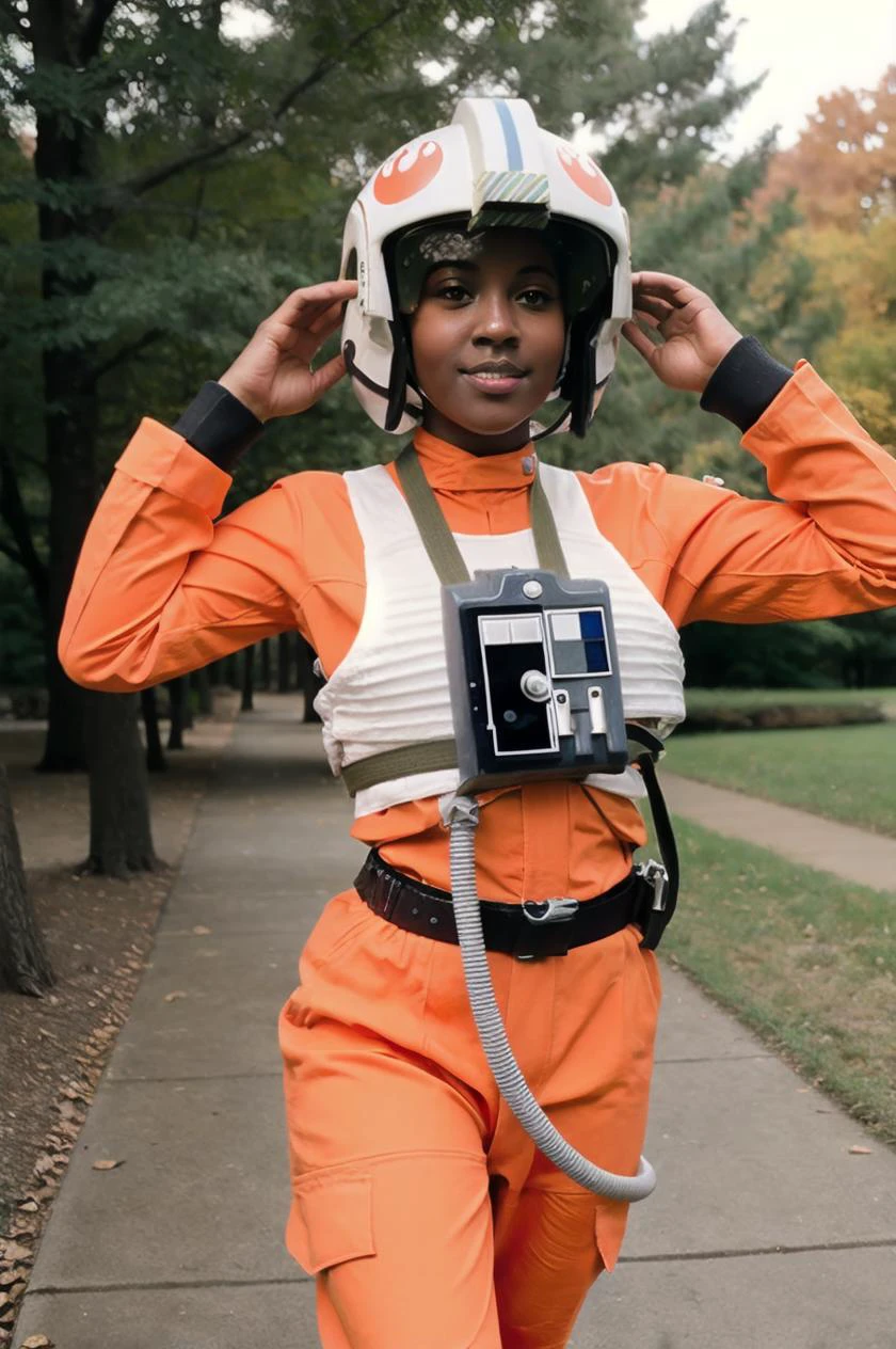 in (orange rebel pilot suit:1.1),pinhole photography photo of a beautiful young black woman, wide-eyed,jogging in the park,wearing helmet<lora:RPSV3:0.8>