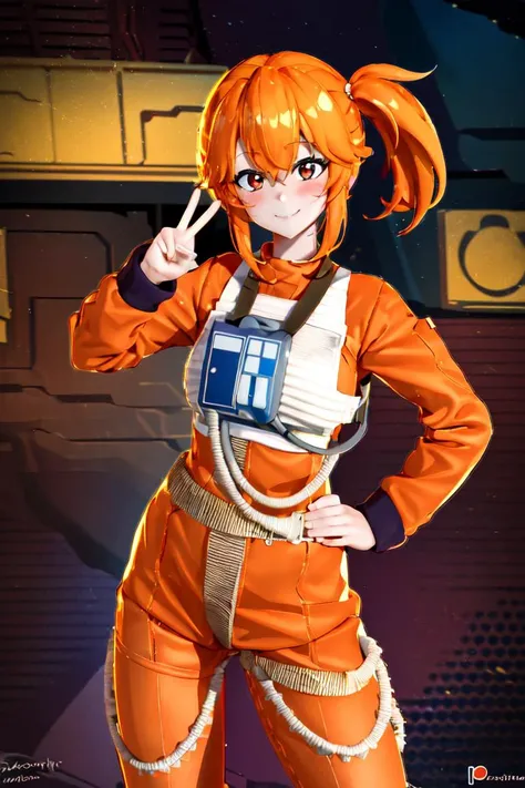 ((masterpiece,best quality)), absurdres,
,<lora:RPSV3:0.8>, woman in orange rebel pilot suit, side ponytail, orange hair
solo, smiling, blushing, looking at viewer, cowboy shot,  peace sign,
cinematic composition, contrapposto,