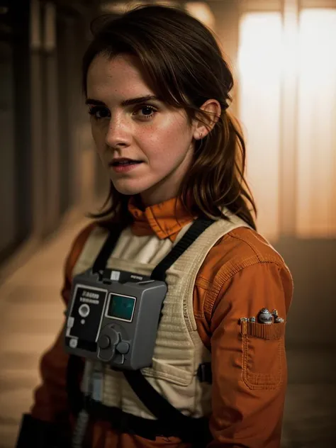 (head and shoulders closeup1.4) 22 yo emmawats0n a beautiful woman in a rebel pilot suit, in the rebel base corridor, thinking. atmospheric lighting. bokeh. <lora:RPSV3:0.8> PA7_Photo