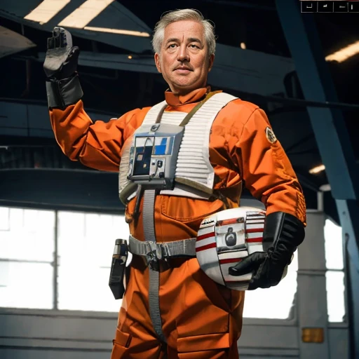 old man in rebel pilot suit <lora:rebelpilotsuit:1> in airforce hangar,raising hand, RAW photo, 8k uhd, dslr, soft lighting, high quality, film grain, Fujifilm XT3