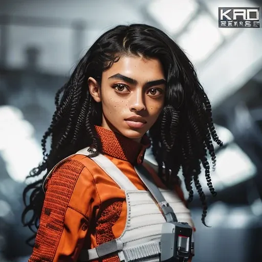 a photo of ravlyn95 in rebel pilot suit <lora:starWarsRebelPilot_v01:1> in airforce hangar, RAW photo, 8k UHD, DSLR, very long curly hair, freckles on the face, soft lighting, high quality, film grain, Fujifilm XT3