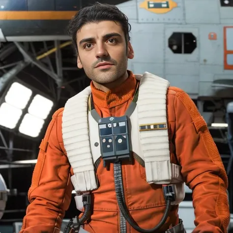 a photo of osisaac in rebel pilot suit <lora:starWarsRebelPilot_v01:1> in airforce hangar, RAW photo, 8k UHD, DSLR, very long curly hair, freckles on the face, soft lighting, high quality, film grain, Fujifilm XT3