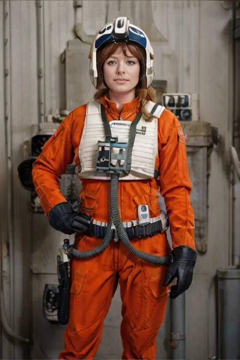 wide shot, masterpiece, full body photograph of lashss-400 in an orange rebel pilot suit, (facing camera:1.5) standing on the flight deck of a rebel cruiser, holding flight helmet in hand , dslr, pale skin,three quarters front view, subsurface scattering, (light freckles:0.9), short straight hair in a ponytail, <lora:lashss-400:0.7>, bokeh, analog, <lora:starWarsRebelPilot_v01:.8>