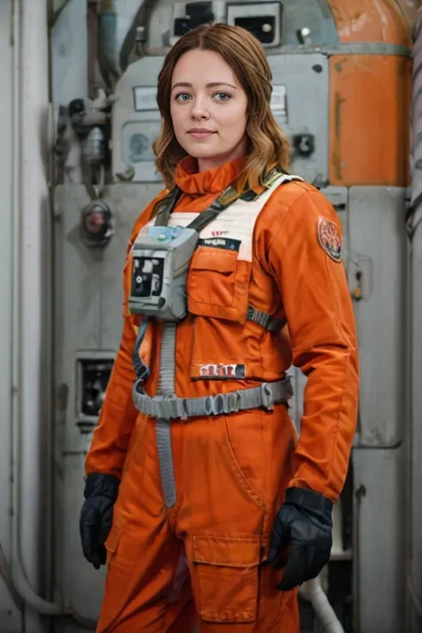 wide shot, masterpiece, full body photograph of lashss-400 in an orange rebel pilot suit, (facing camera:1.5) standing on the flight deck of a rebel cruiser, holding flight helmet in hand , dslr, pale skin,three quarters front view, subsurface scattering, (light freckles:0.9), short straight hair in a ponytail, <lora:lashss-400:0.7>, bokeh, analog, <lora:starWarsRebelPilot_v01:.8>